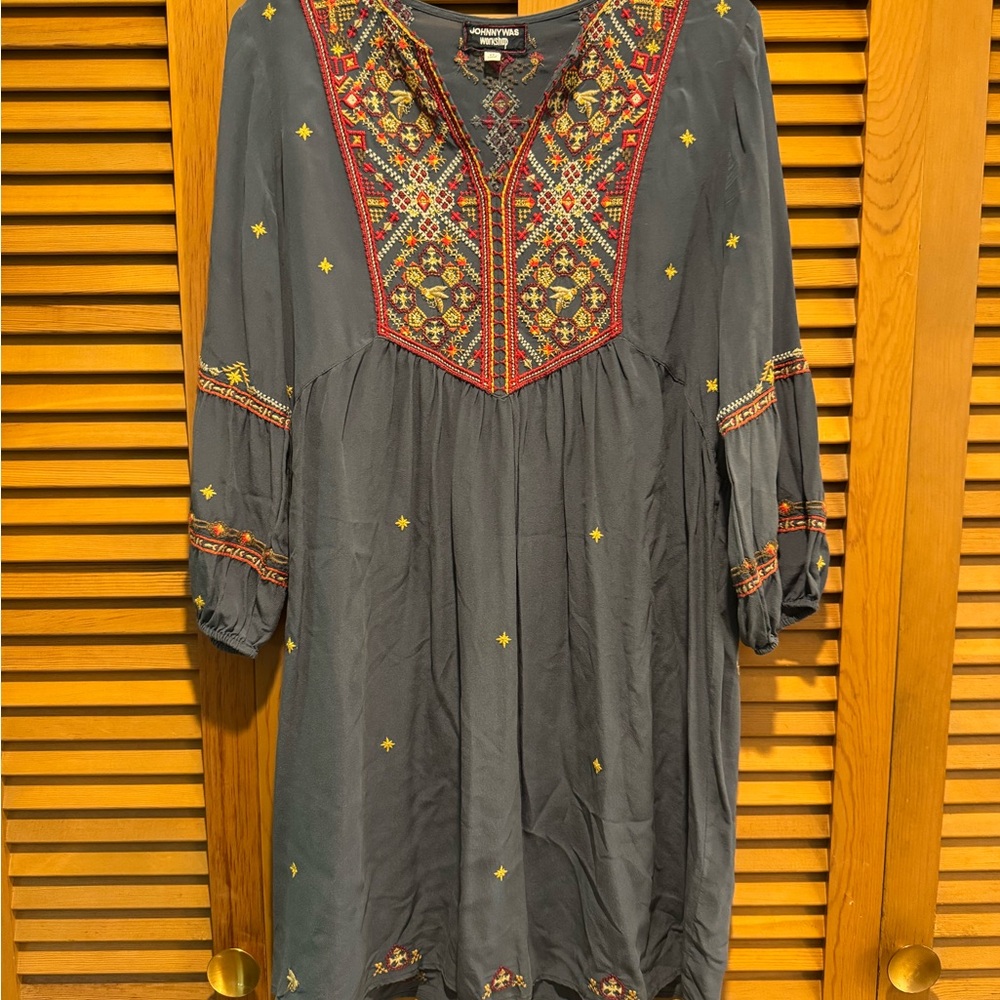 Johnny Was Workshop, dusty blue embroidered dress, XS,